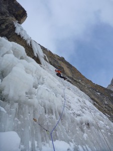 Nick leading away on the thinner ice on the alternate 5th pitch