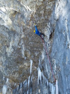 Me starting the harder upper half through the steepness. Photo. Nick Bullock